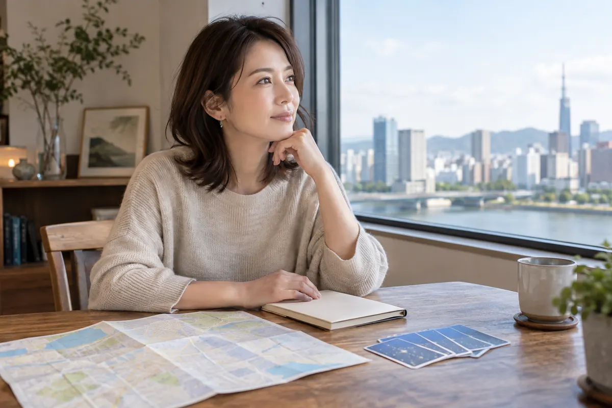 地図とノートを前に相談の予定を考える女性のイメージ