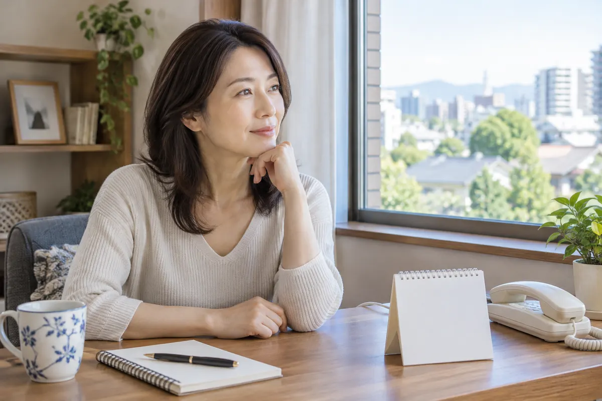 カレンダーと電話を前に予定を考える女性のイメージ
