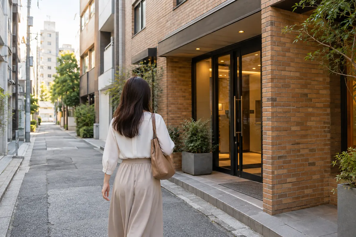 レンガ造りの建物がある街路を歩く女性のイメージ