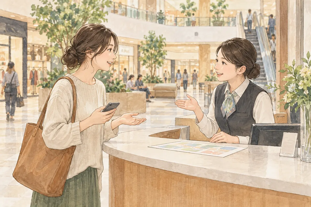 商業施設の案内カウンターで受付について尋ねる女性のイメージ