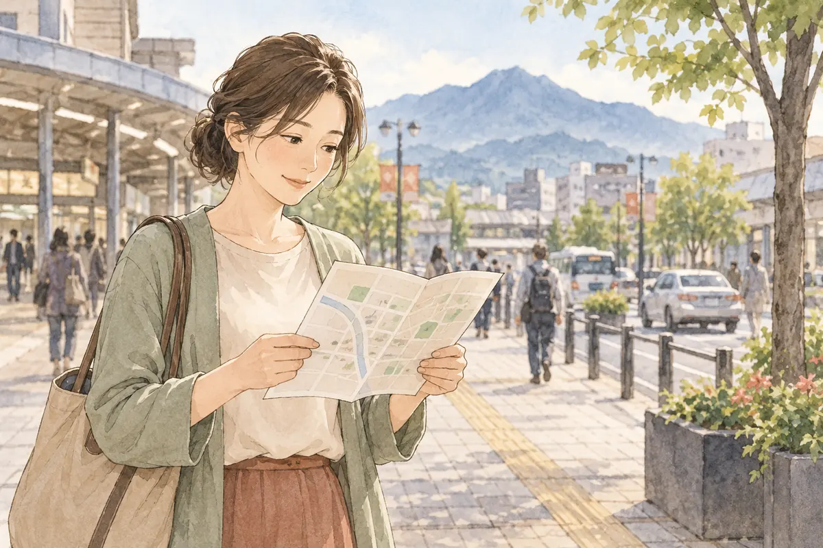 駅近くの街で行き先の案内を確認する女性のイメージ