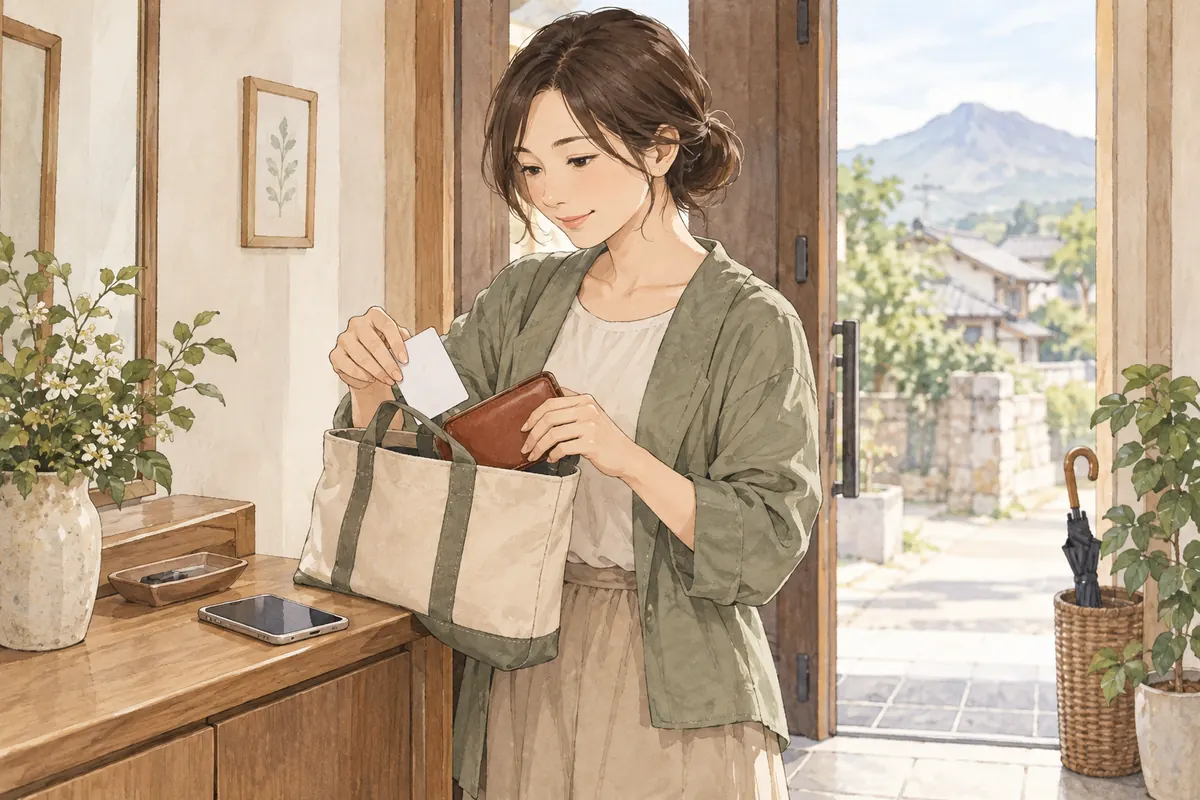 相談メモと財布をかばんに入れて外出を準備する女性のイメージ