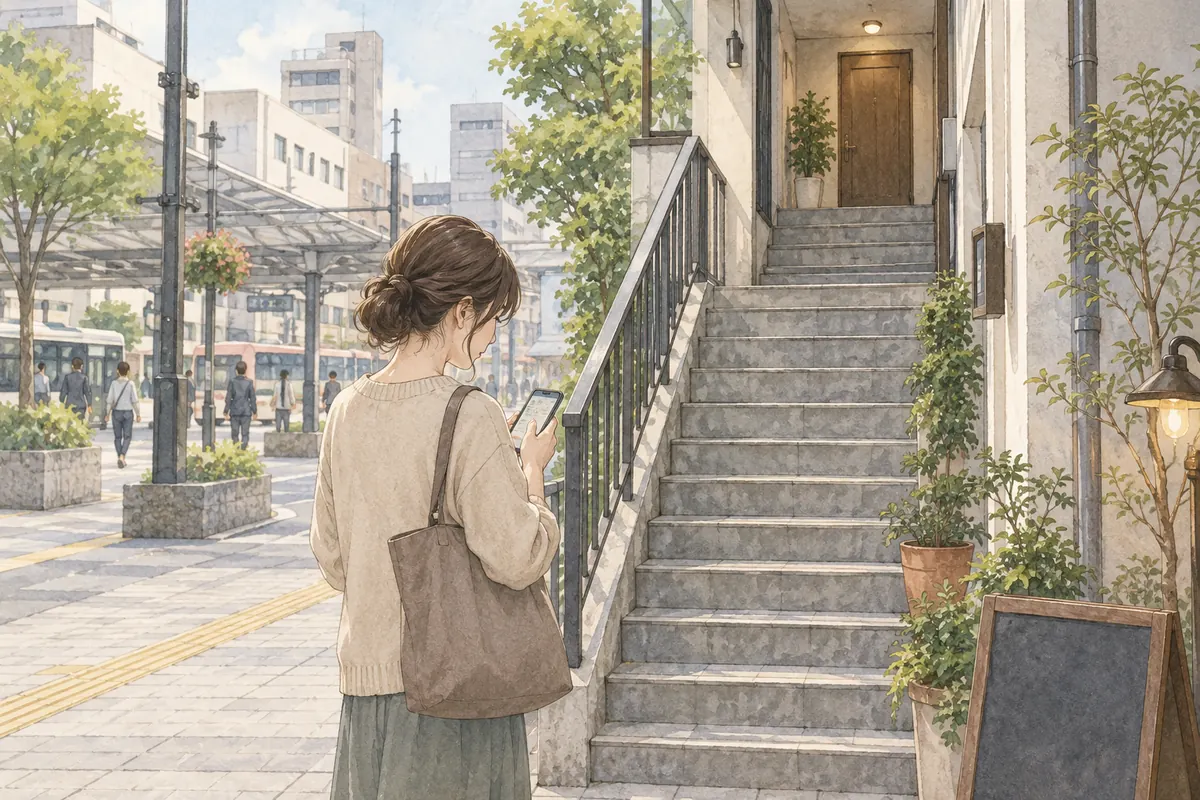 街中の階段の入口でスマートフォンを確認する女性のイメージ