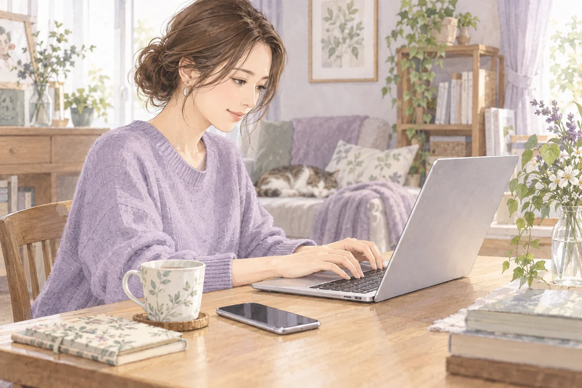 電話をかけずにノートの質問をパソコンへ入力する女性