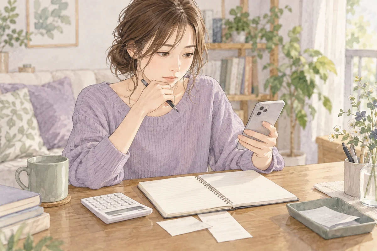 相談後にノートとスマートフォンを見ながら料金の疑問を整理する女性