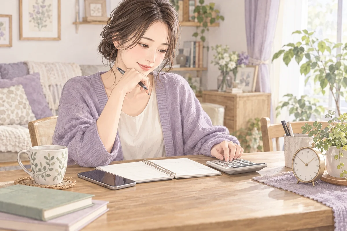 電話相談の前に電卓と時計で予算を確認する女性