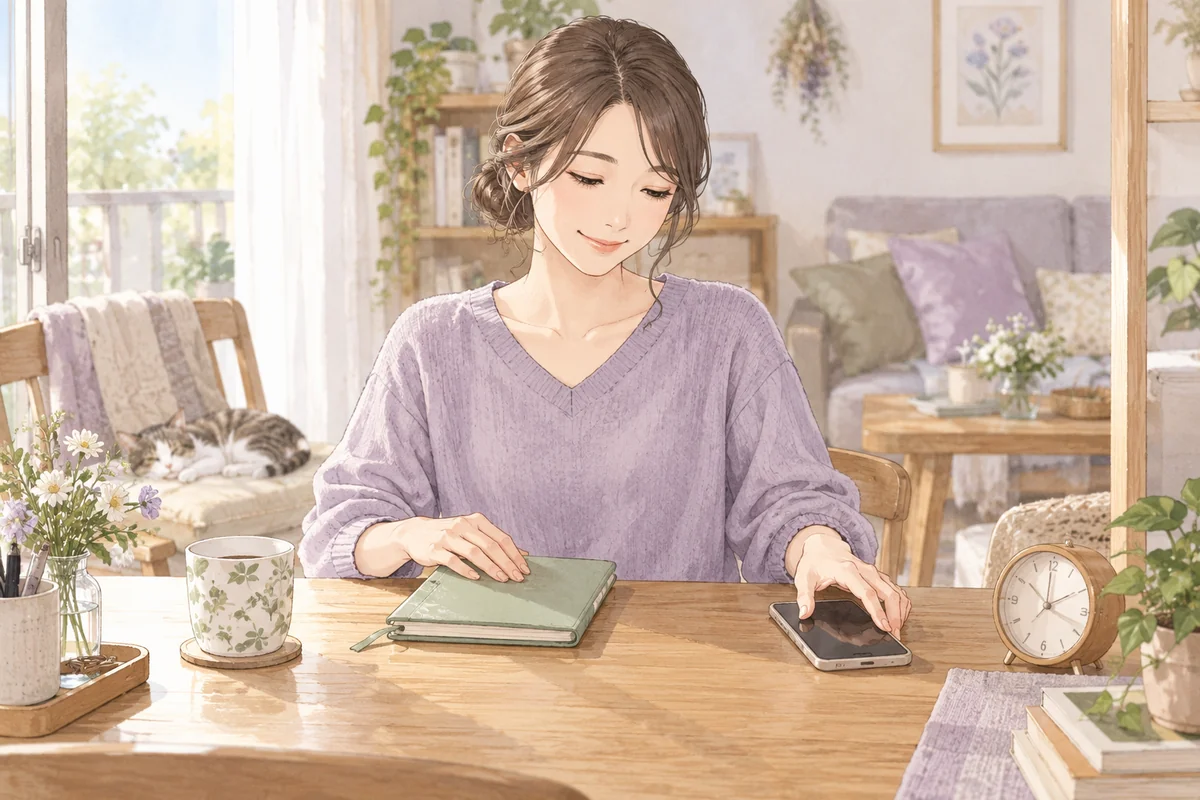 予算のノートを閉じて電話を置き、相談を区切る女性