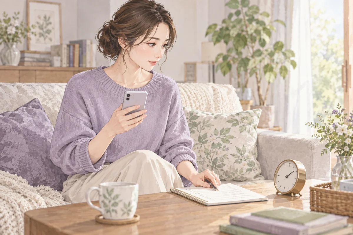 スマートフォンを持ちながら時計と質問のメモを確認する女性