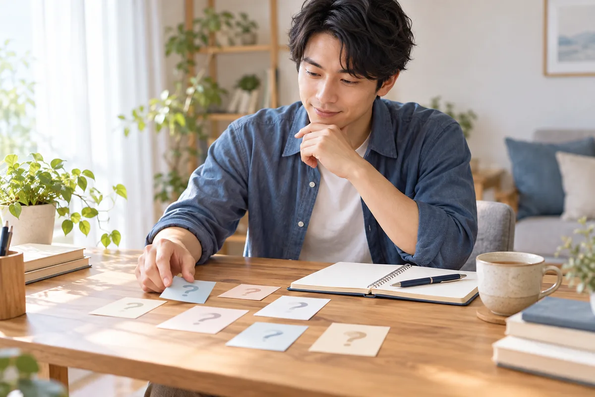 疑問をカードに分けて次の行動を整理する男性