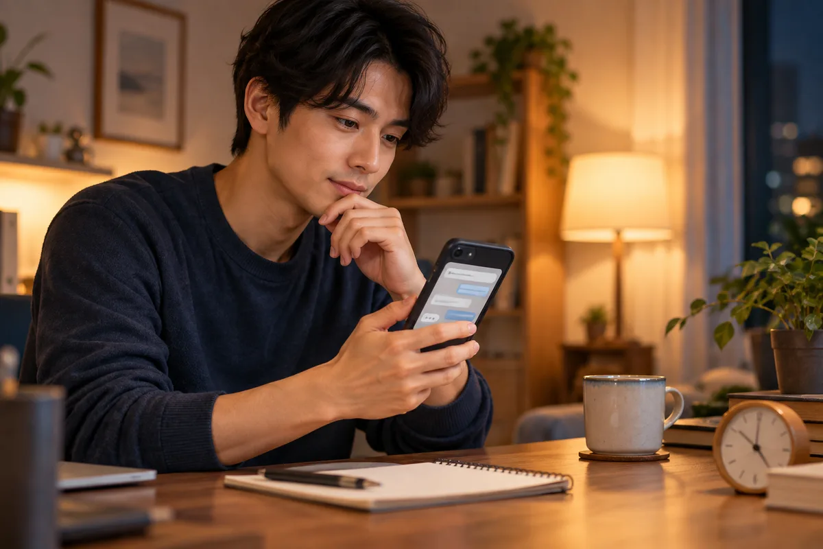 相手のペースを考えながら短いメッセージを作る男性