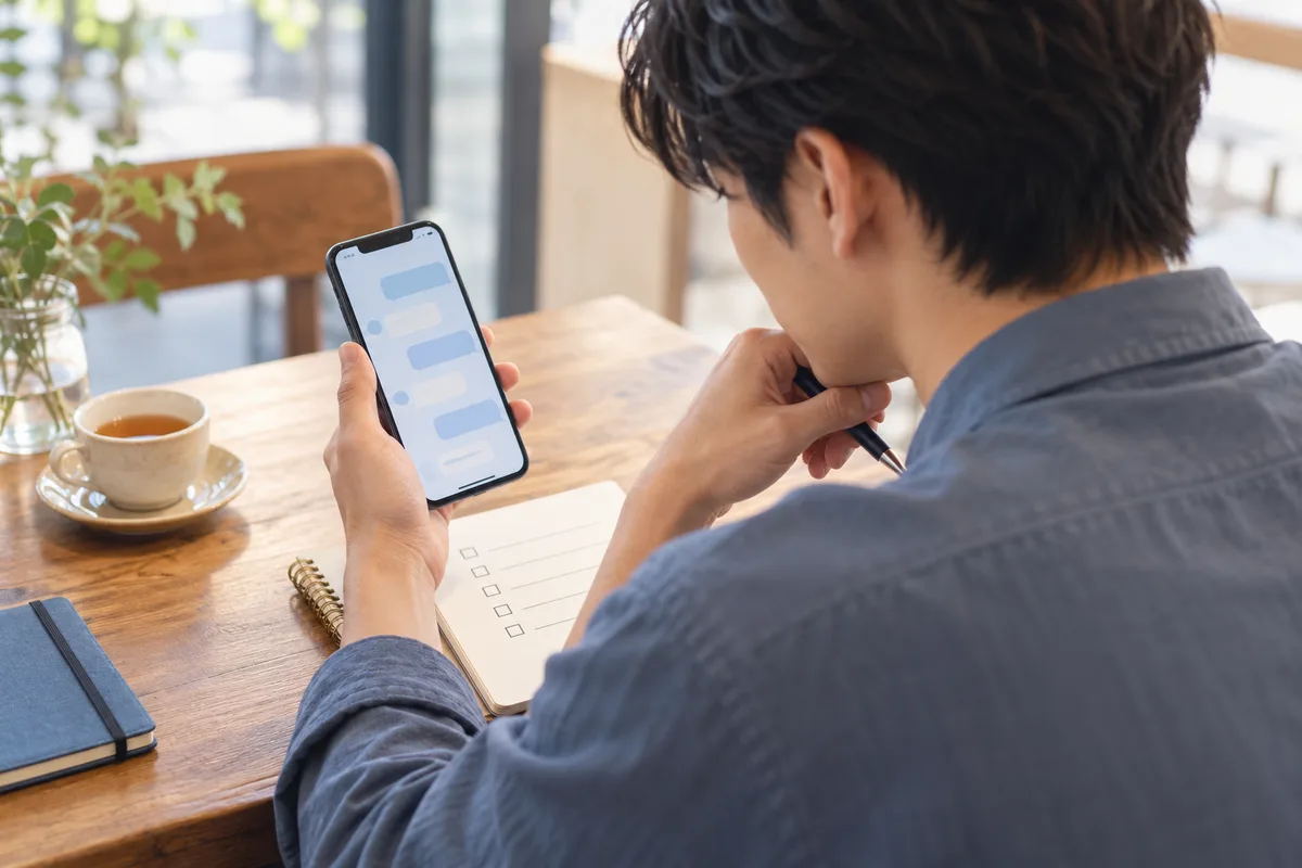 スマートフォンのやり取りをチェックリストで冷静に確認する男性
