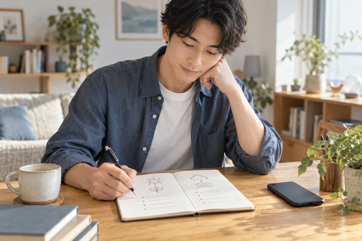 自分にできることをノートに整理する男性