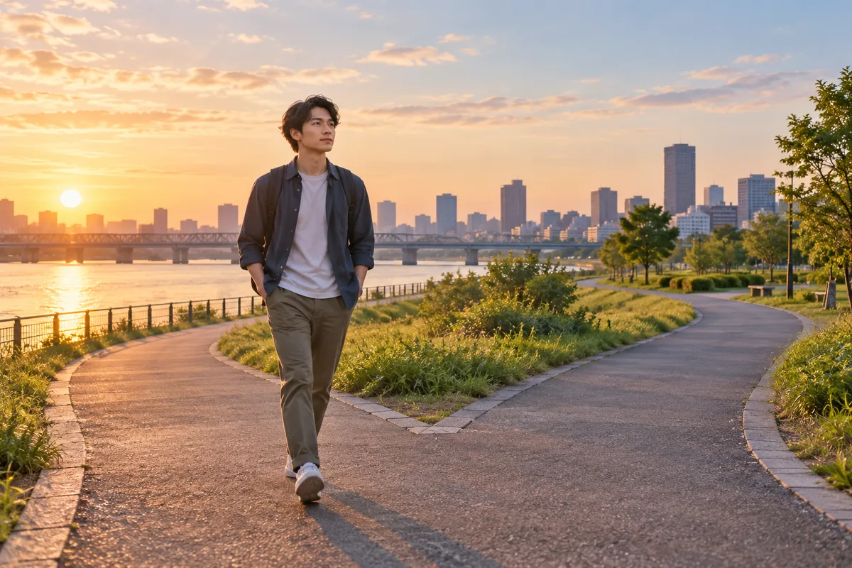 分かれ道のある河川敷を歩きながら今後を考える男性