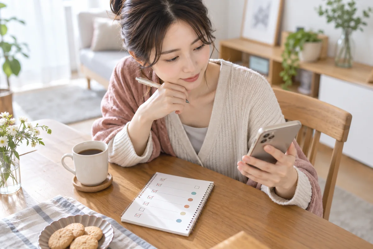 スマートフォンのやり取りをチェックリストで整理する女性