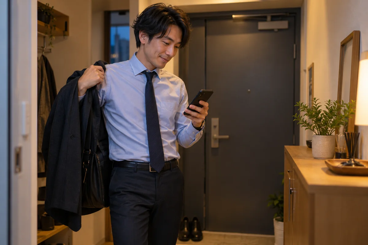 帰宅後に玄関でスマートフォンから連絡する男性