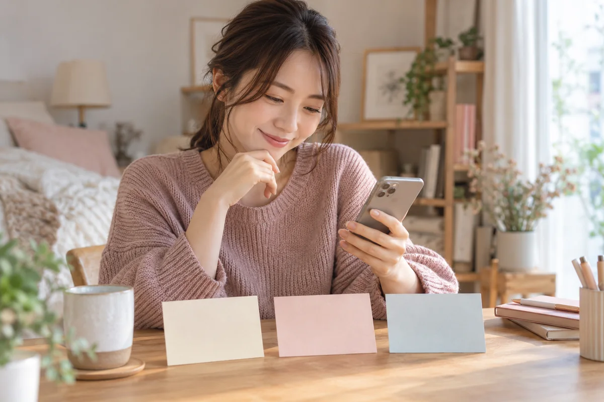 帰宅報告への短い返信を考える女性