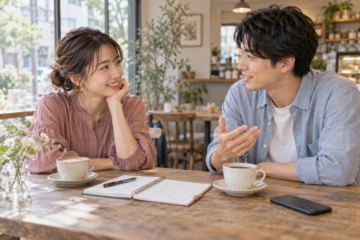 カフェで会話を楽しみ次の予定を考える男女