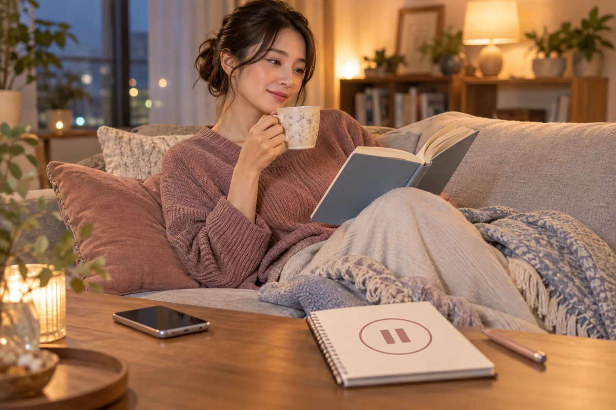 スマートフォンを置いて自分の時間を過ごす女性