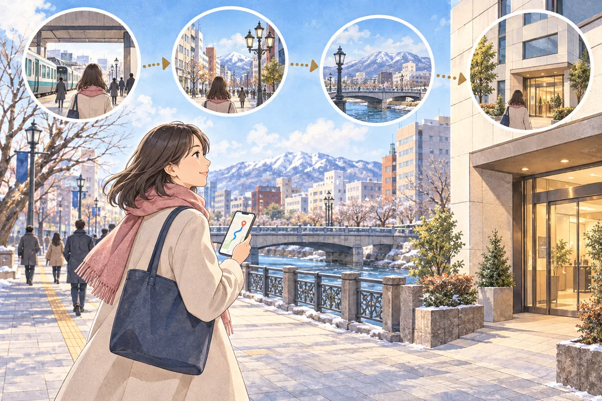 盛岡駅から市街地を歩いて鑑定店舗へ向かうイメージ