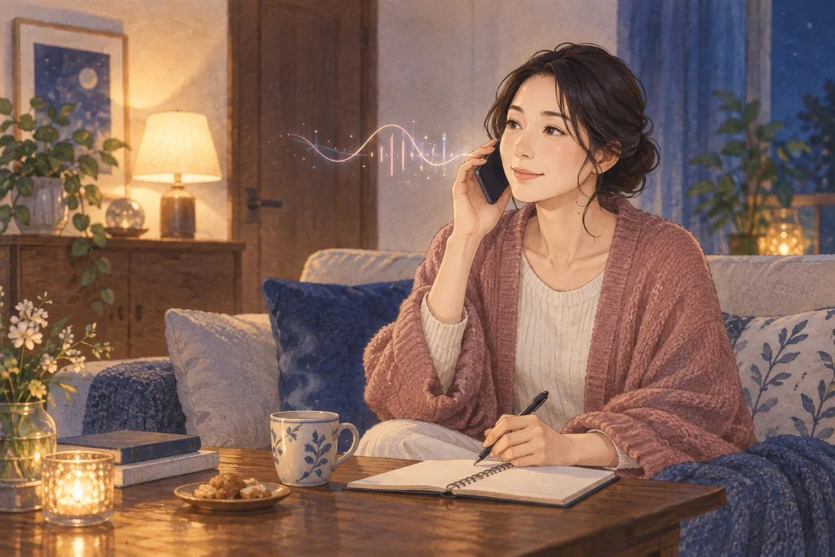 自宅でノートを用意して電話占いを利用する女性