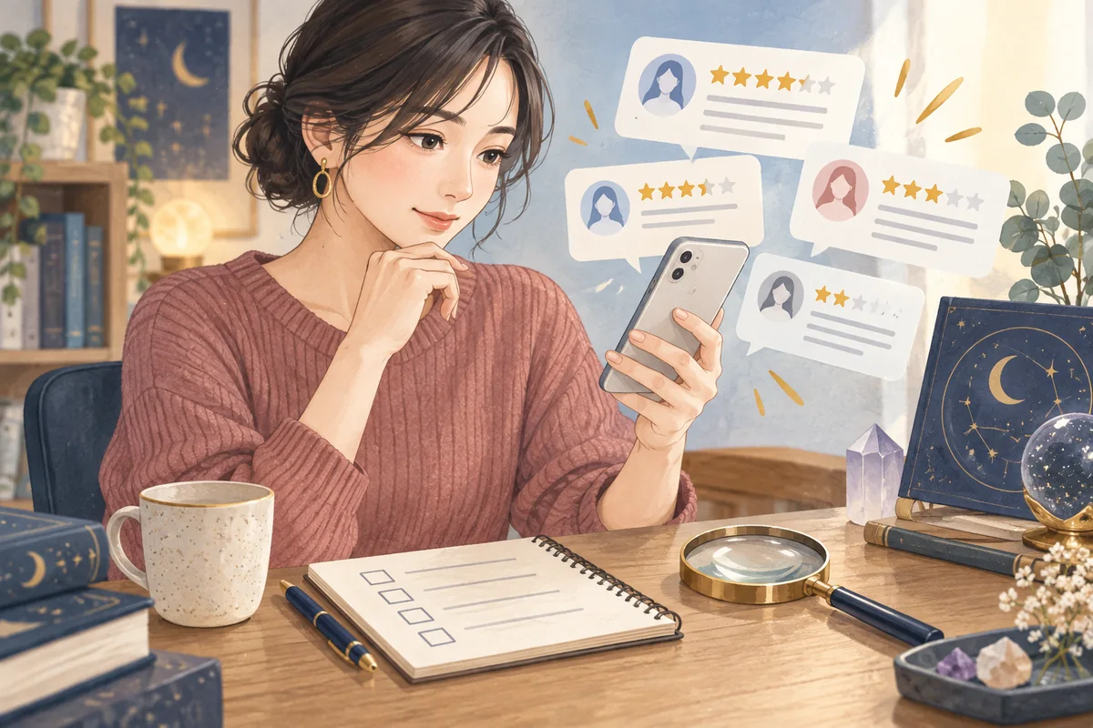 スマートフォンの口コミとチェックリストを比較する女性