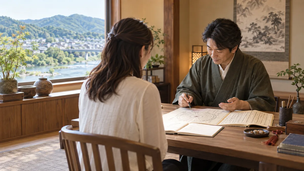 青梅で占い師に相談する女性