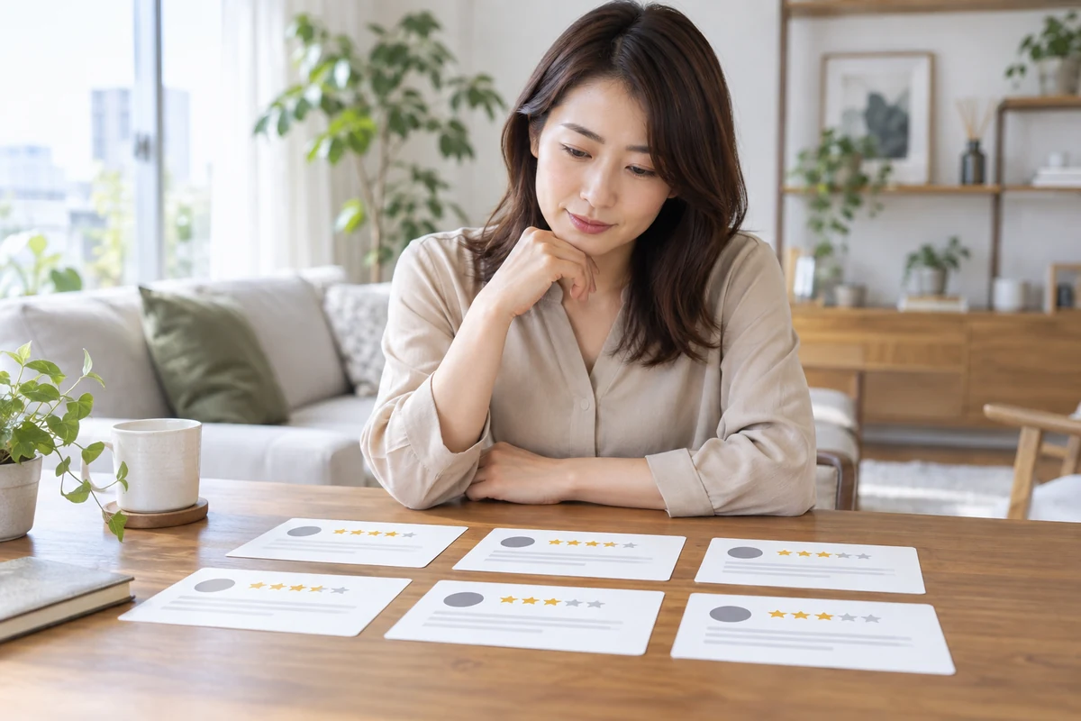 複数の口コミを落ち着いて比較する大人の相談者のイメージ