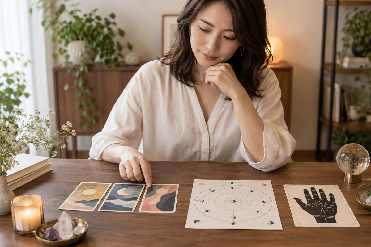 相談テーマと占術の候補をノートで比較するイメージ