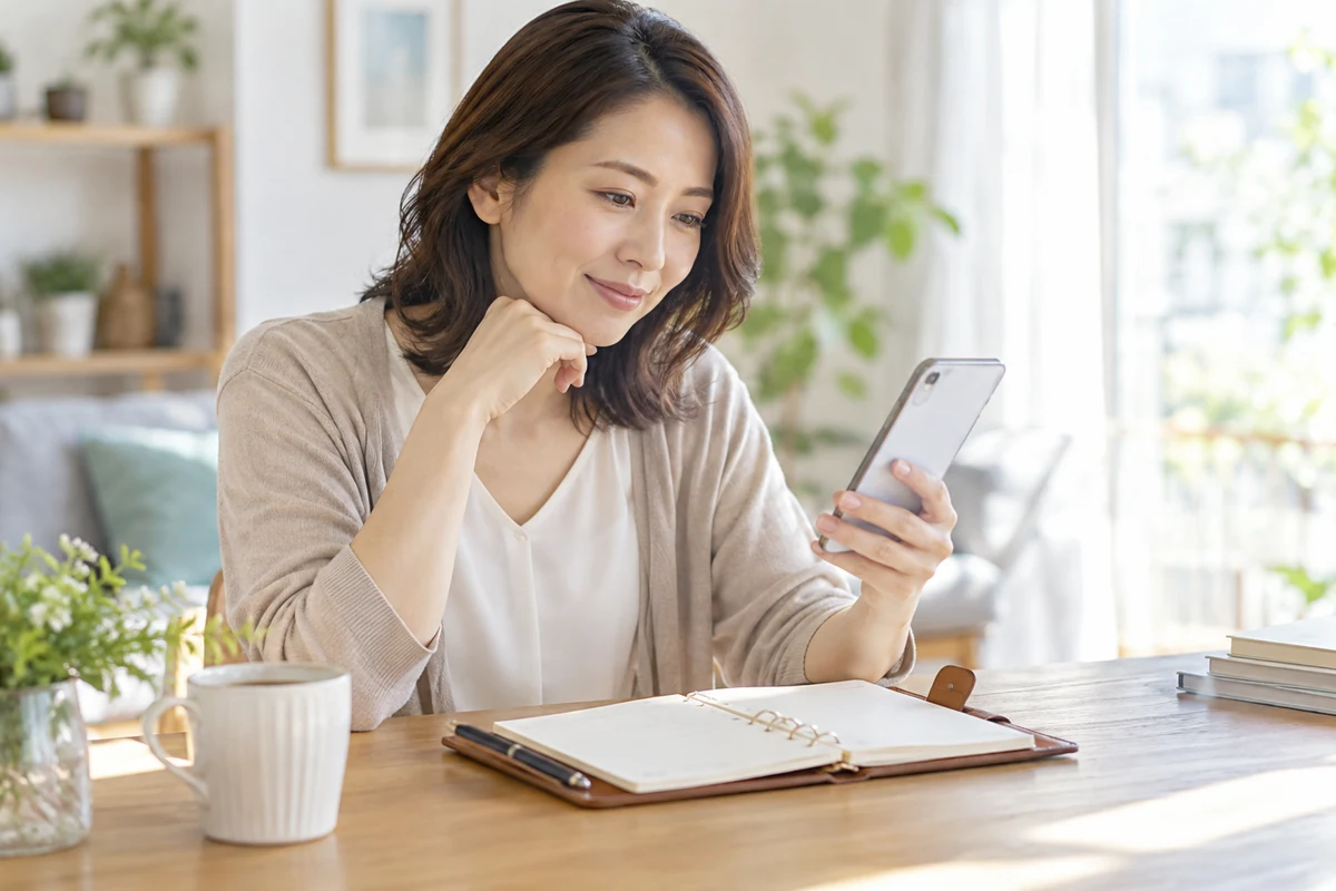 予約日時をスマートフォンと手帳で確認するイメージ