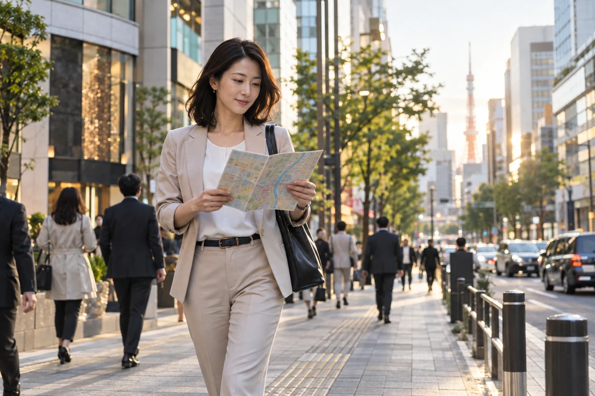 都心の街中で地図を確認しながら歩く大人の女性のAI生成イメージ