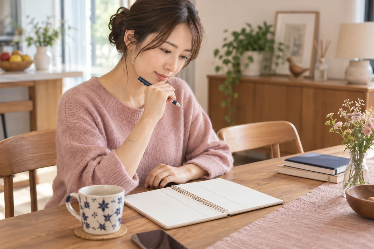 本命とキープの行動の違いをノートで比較する女性