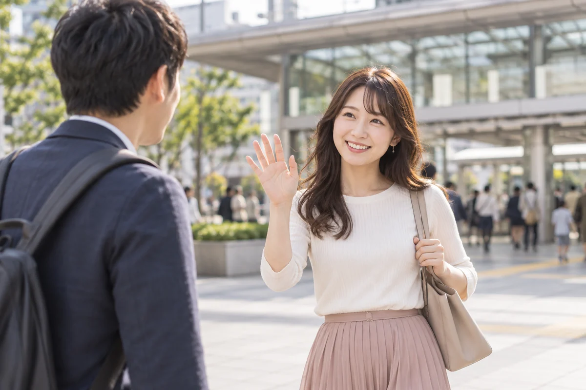 待ち合わせ場所で男性を笑顔で迎える女性