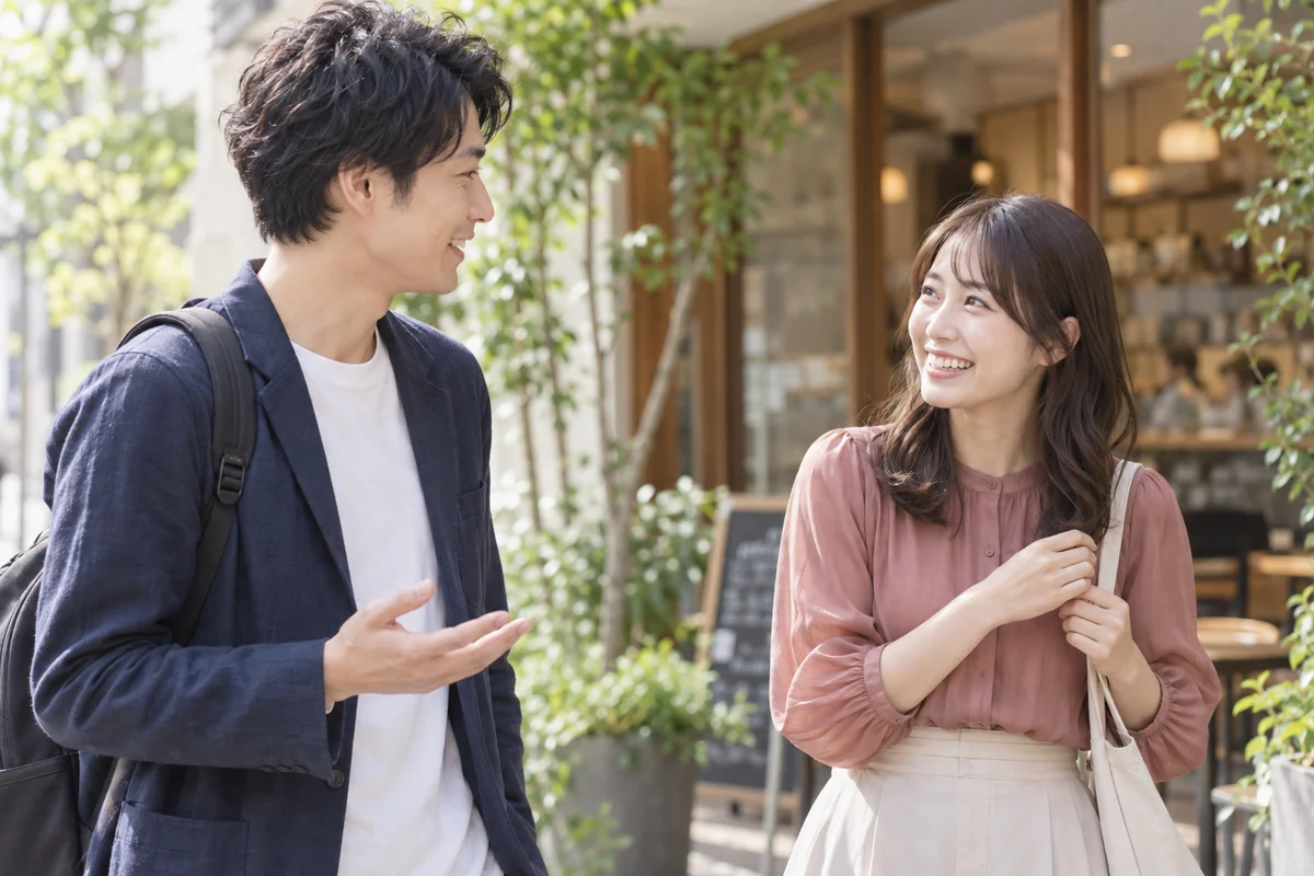 男性から気軽なカフェへ誘い女性が笑顔で応じる場面
