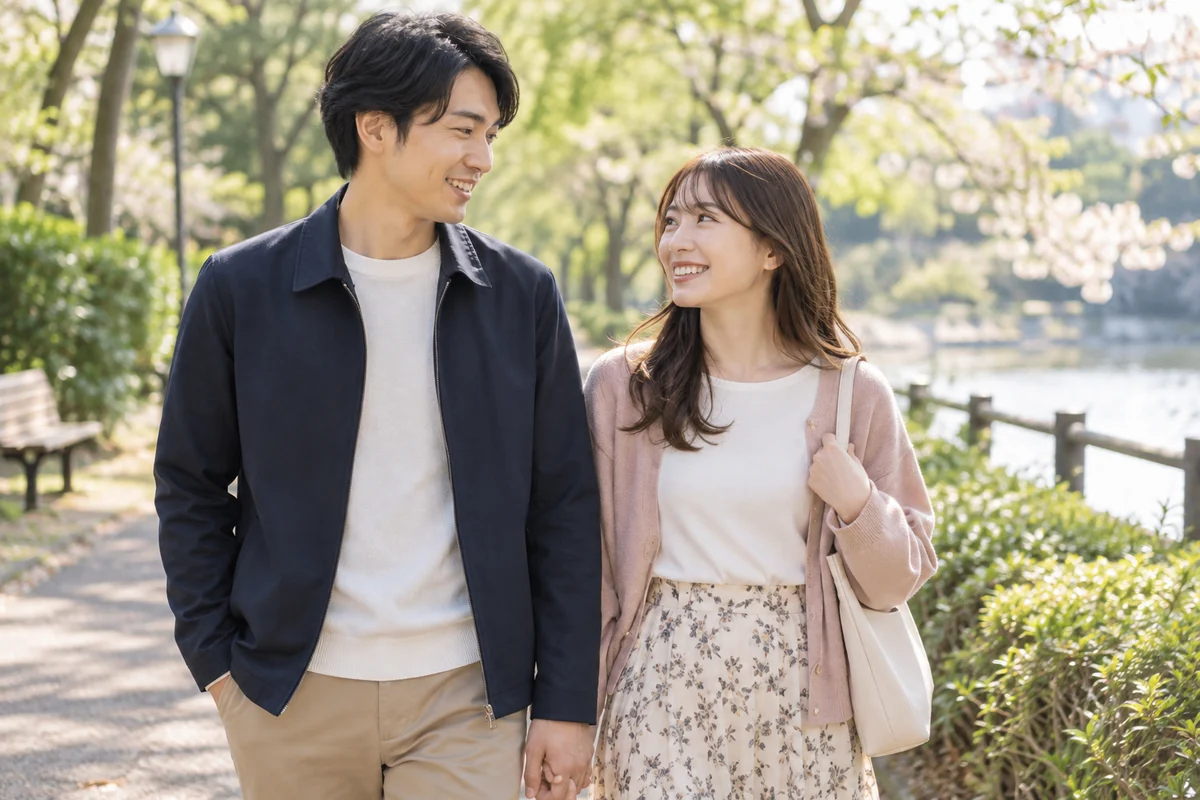 次に会う約束をして公園を並んで歩く男女
