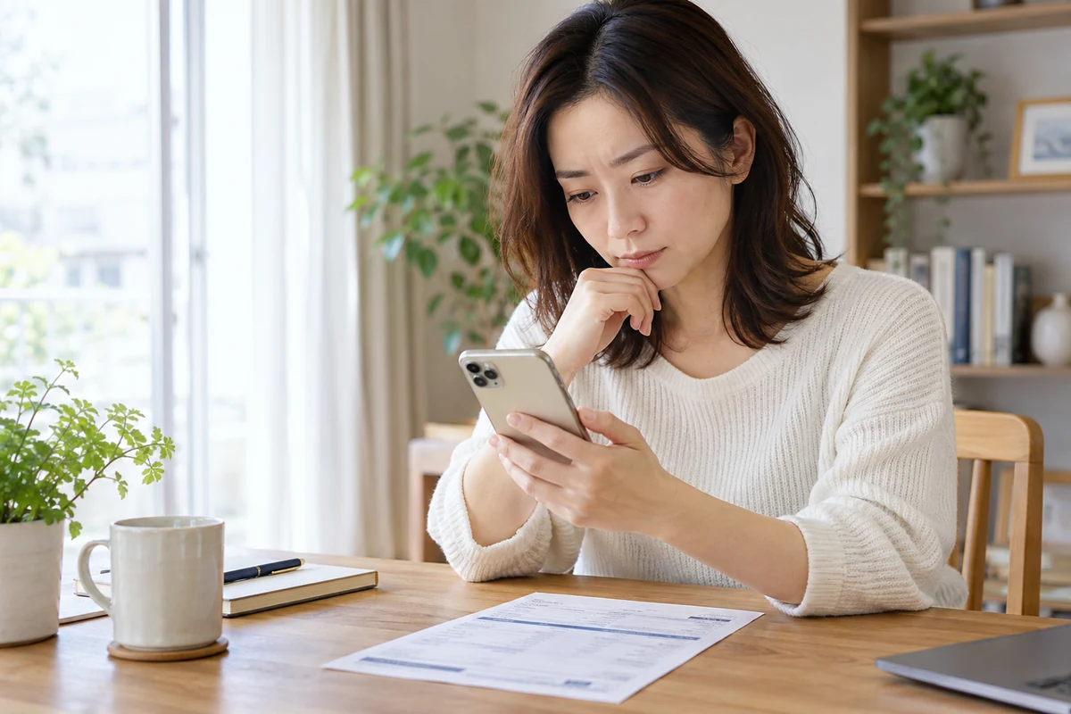 電話占いリエルのアカウント画面と請求情報を退会前に確認する女性