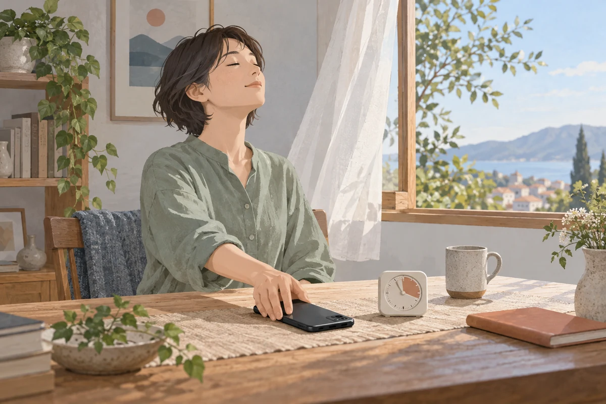 スマートフォンを置いてひと呼吸する様子