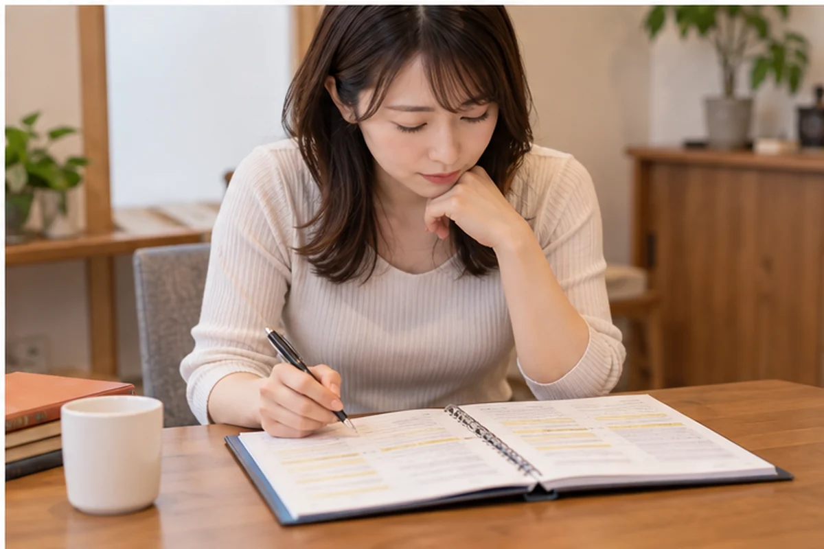 秋葉原の占いを利用する前に料金と質問をノートで比較する女性