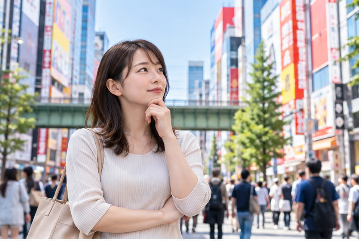 秋葉原周辺で占いの相談先を検討する女性