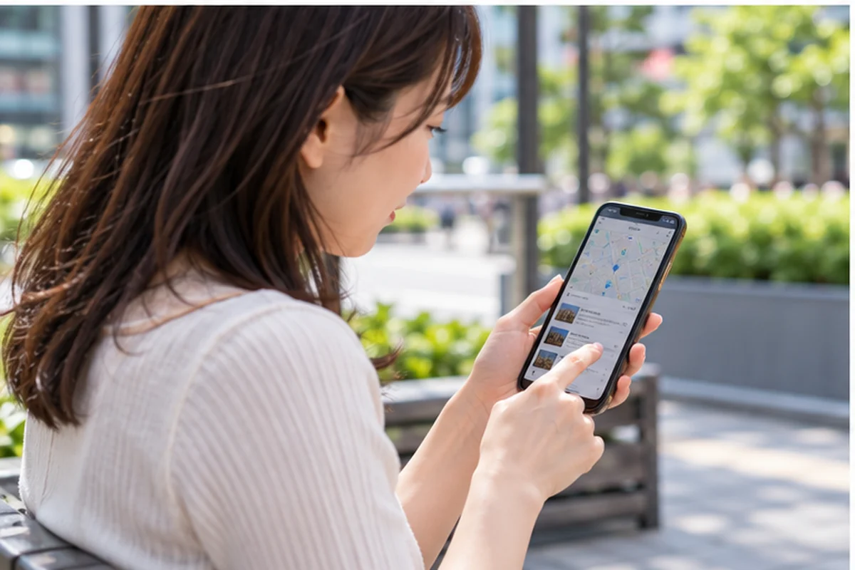 スマートフォンを自分に向けて秋葉原周辺の店舗情報を確認する女性