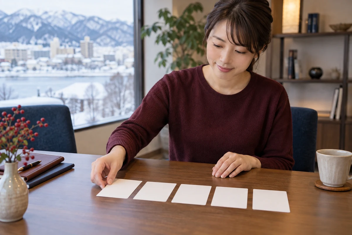 秋田の探偵相談前に五つの疑問をカードへ整理する成人女性のイメージ