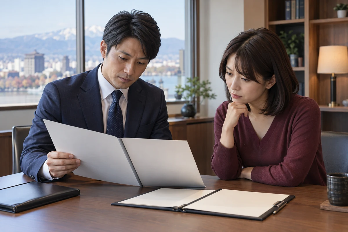 調査報告書の見本と法律相談のメモを確認するイメージ