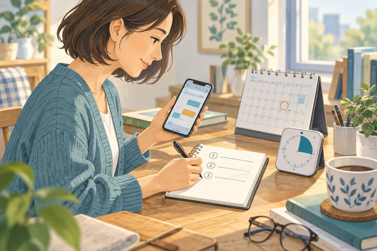 予約日程を確認し相談したい質問を3つメモするイメージ