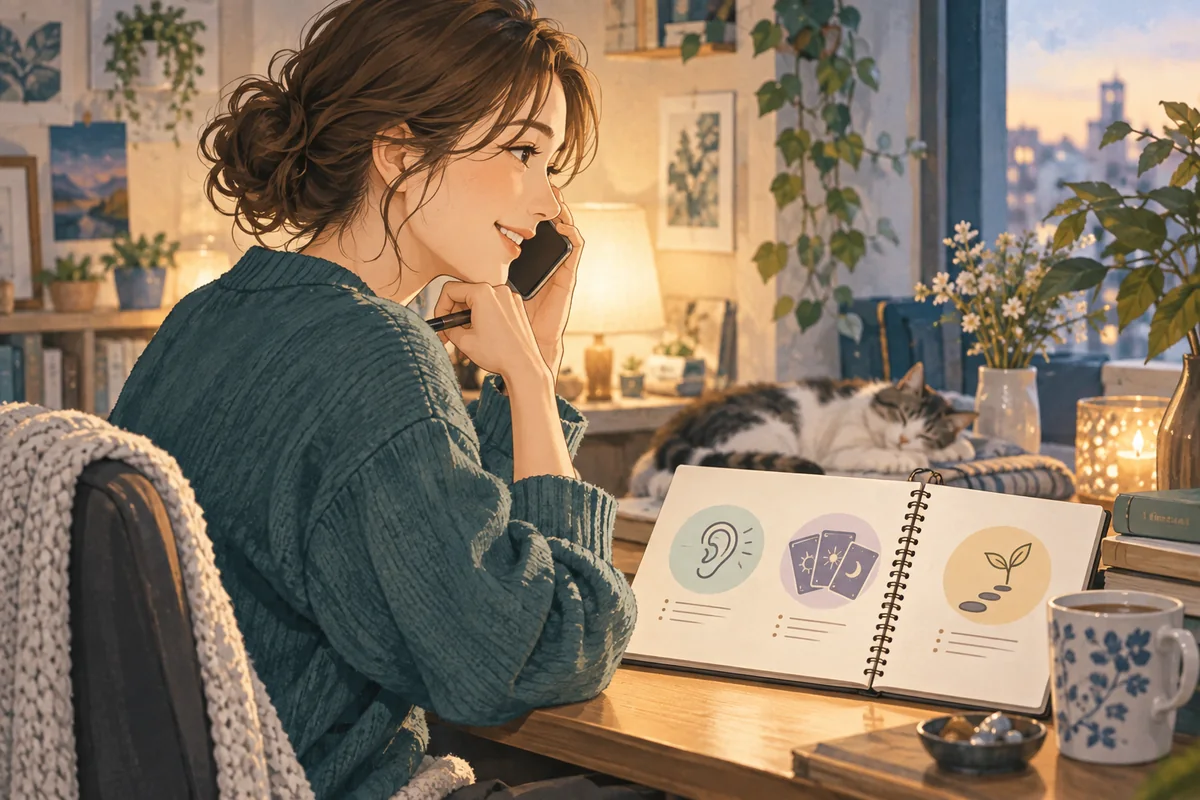 電話相談で話を聞きながらカードと次の行動を整理するイメージ