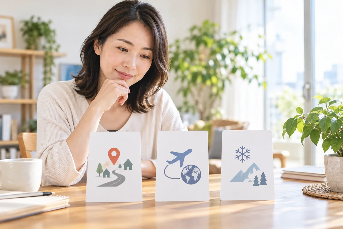 市街地と広域移動と冬季対応の三つの相談条件を比較する成人女性のイメージ