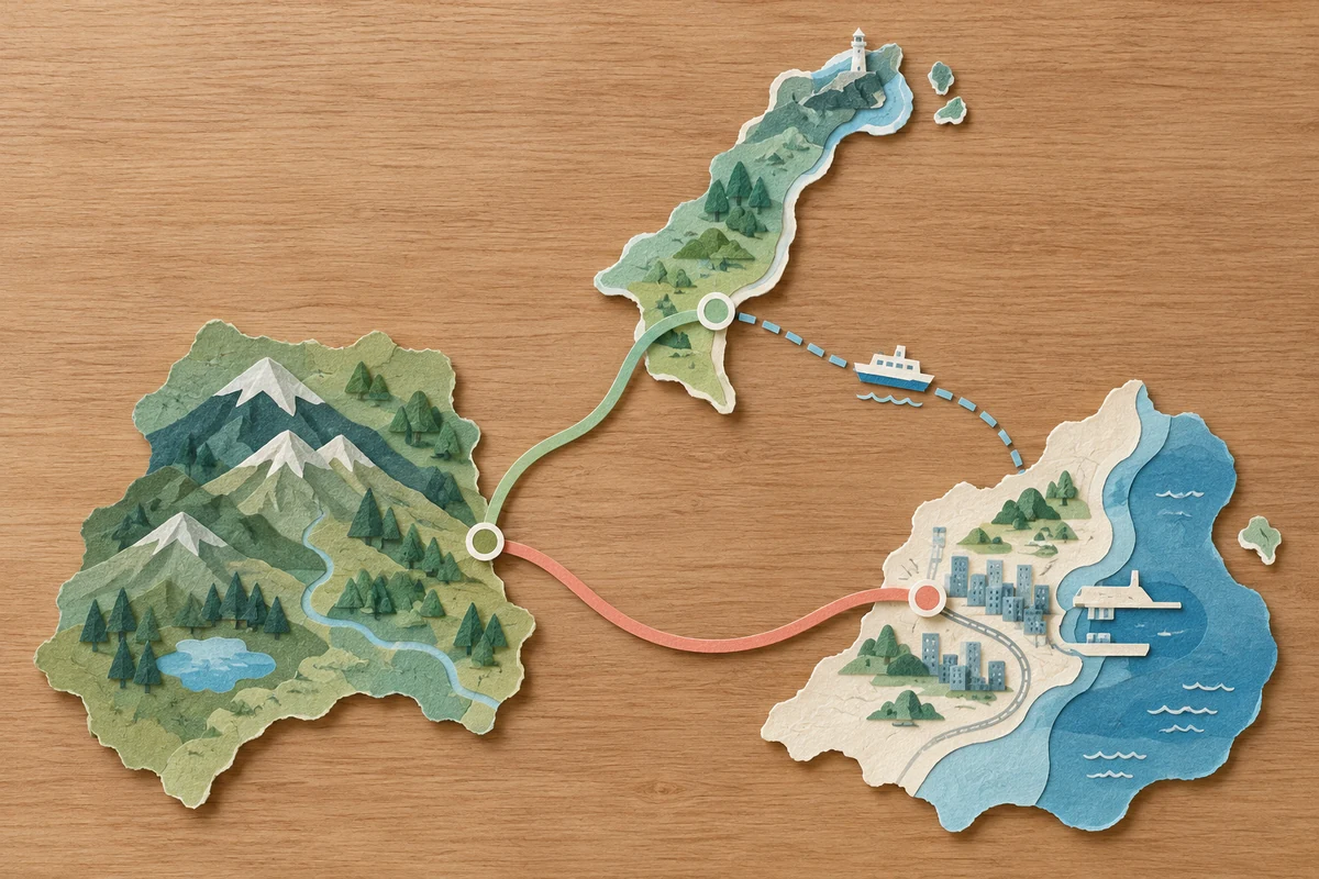 津軽と南部と下北を結ぶ広い調査移動範囲を無地の地図で整理するイメージ