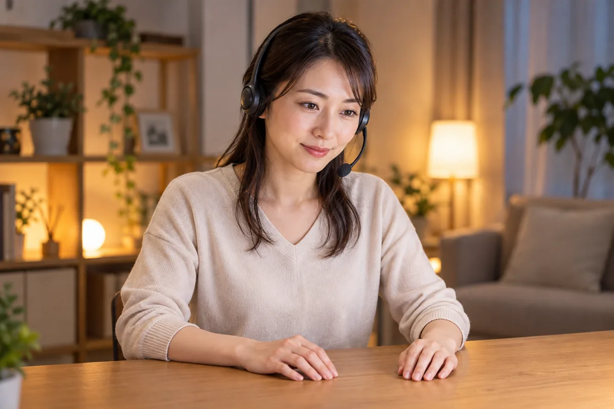 電話相談で相手の話を落ち着いて聞く女性