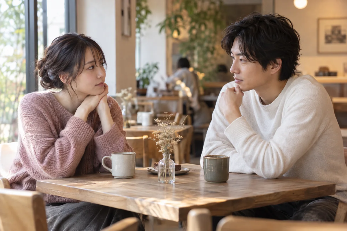 別れ話の後に落ち着いて向き合うカップル