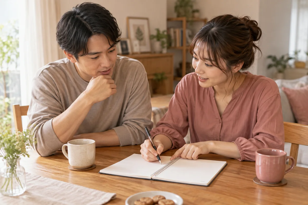 関係修復の計画をノートに書き出して話し合うカップル