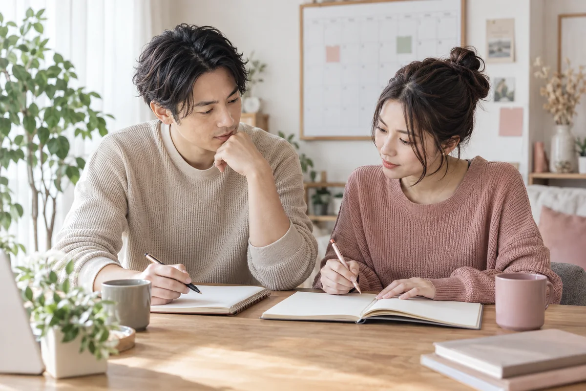 二人の連絡や話し合いのルールを確認するカップル