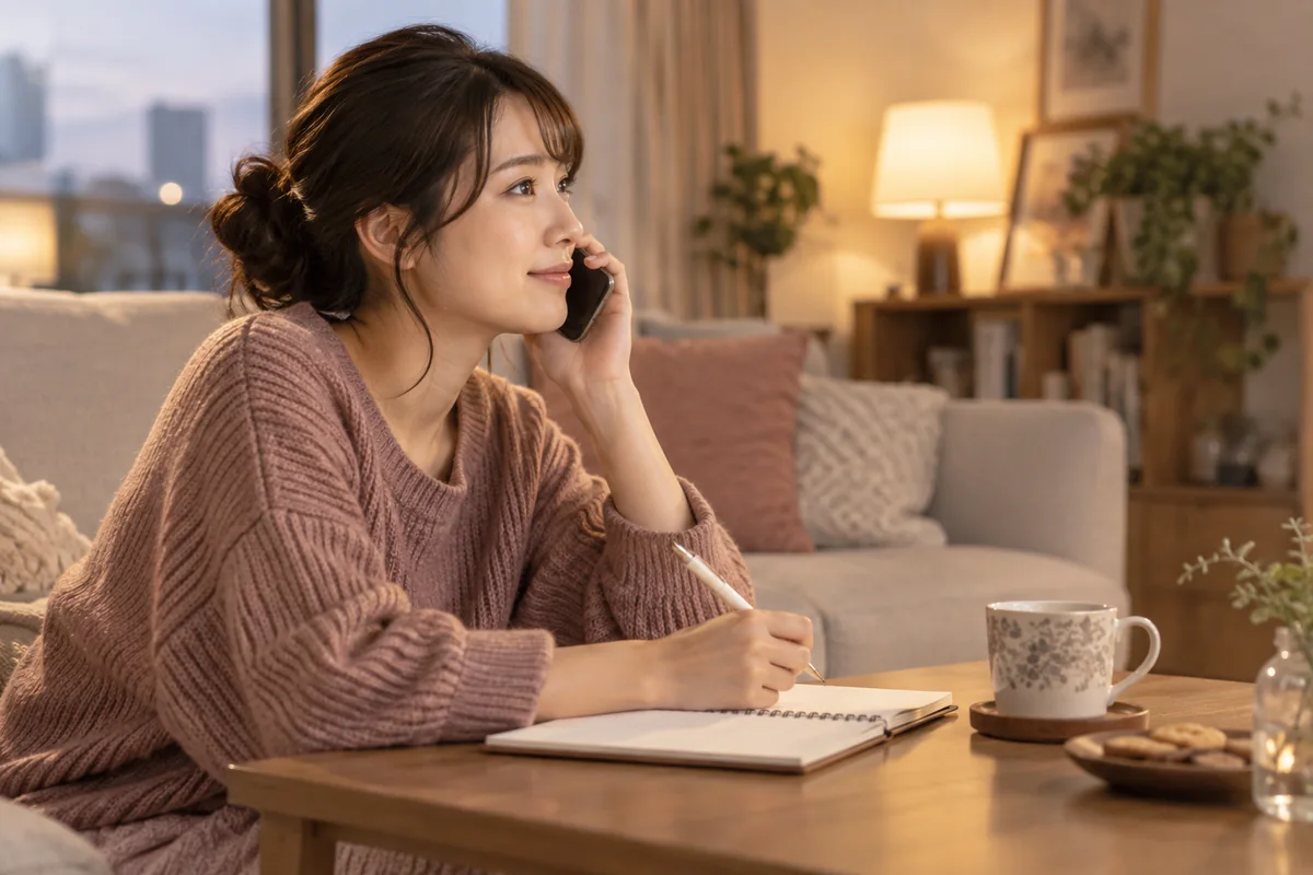 自宅で第三者に電話相談しながら気持ちを整理する女性